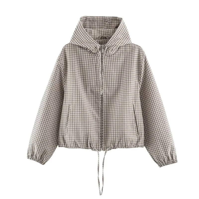 Damen karierte Kapuzenjacke mit Reißverschluss und Kordelzug