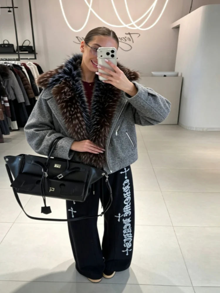Damen Jacke Kurz Winterjacke mit Kunstpelzkragen Reißverschluss Grau