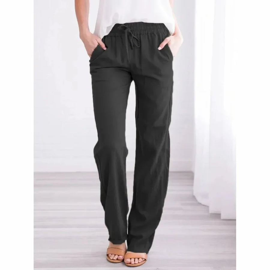 Damen Freizeithose Weites Bein Elastischer Bund Kordelzug Taschen