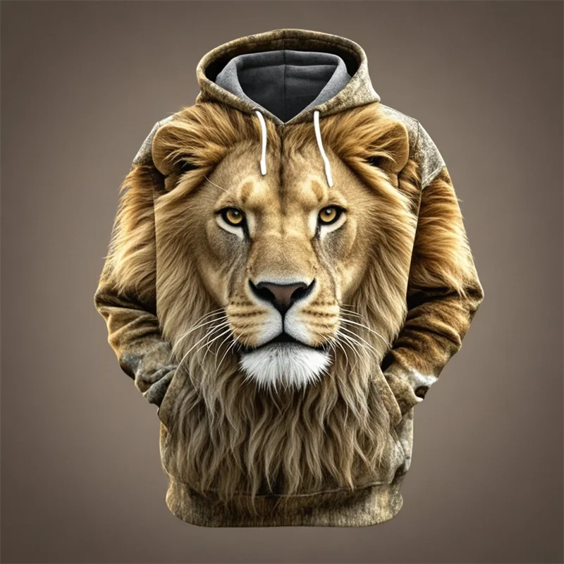Hoodie met leeuwenkopprint, capuchon en kangoeroezak