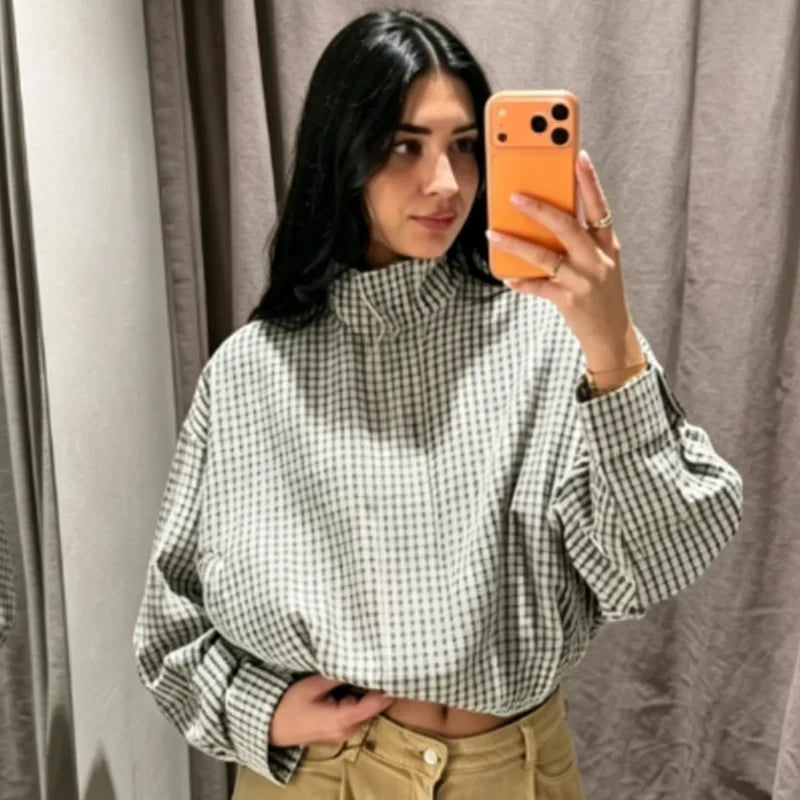 Damen Kariertes Hemd Kragen Langarm Locker Oversized Bluse