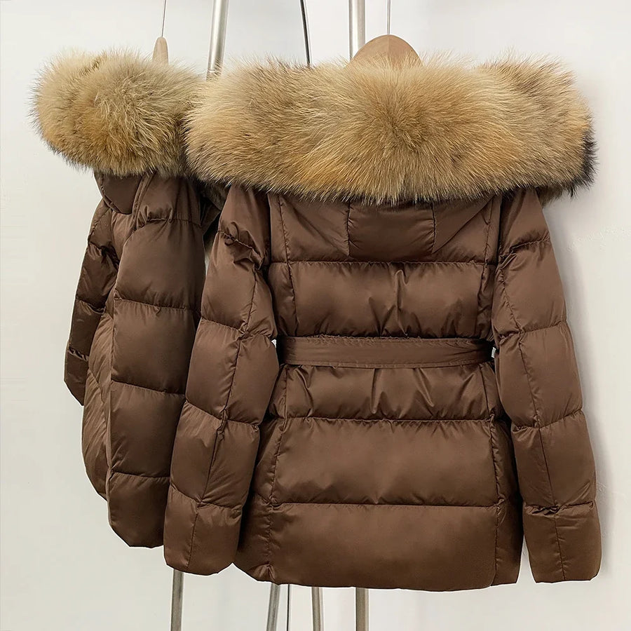 Damen Daunenjacke mit Kunstpelzkragen und Bindegürtel, warme Winterjacke