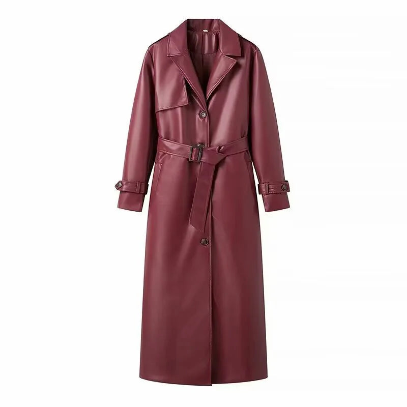 Damen Trenchcoat in Lederoptik mit Bindegürtel Langarm