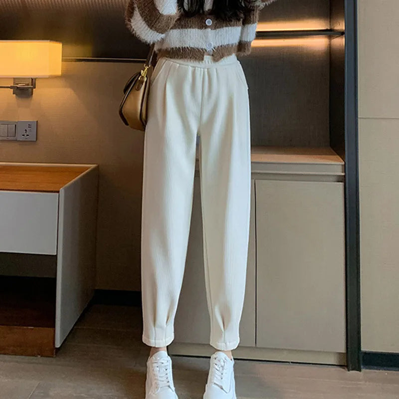 Uniseks corduroy winterbroek, comfortabel, gevoerd, warme vrijetijdsbroek, crème