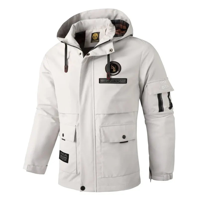 Herren Outdoor Jacke mit Kapuze & Reißverschluss, Winddichte Übergangsjacke mit Taschen
