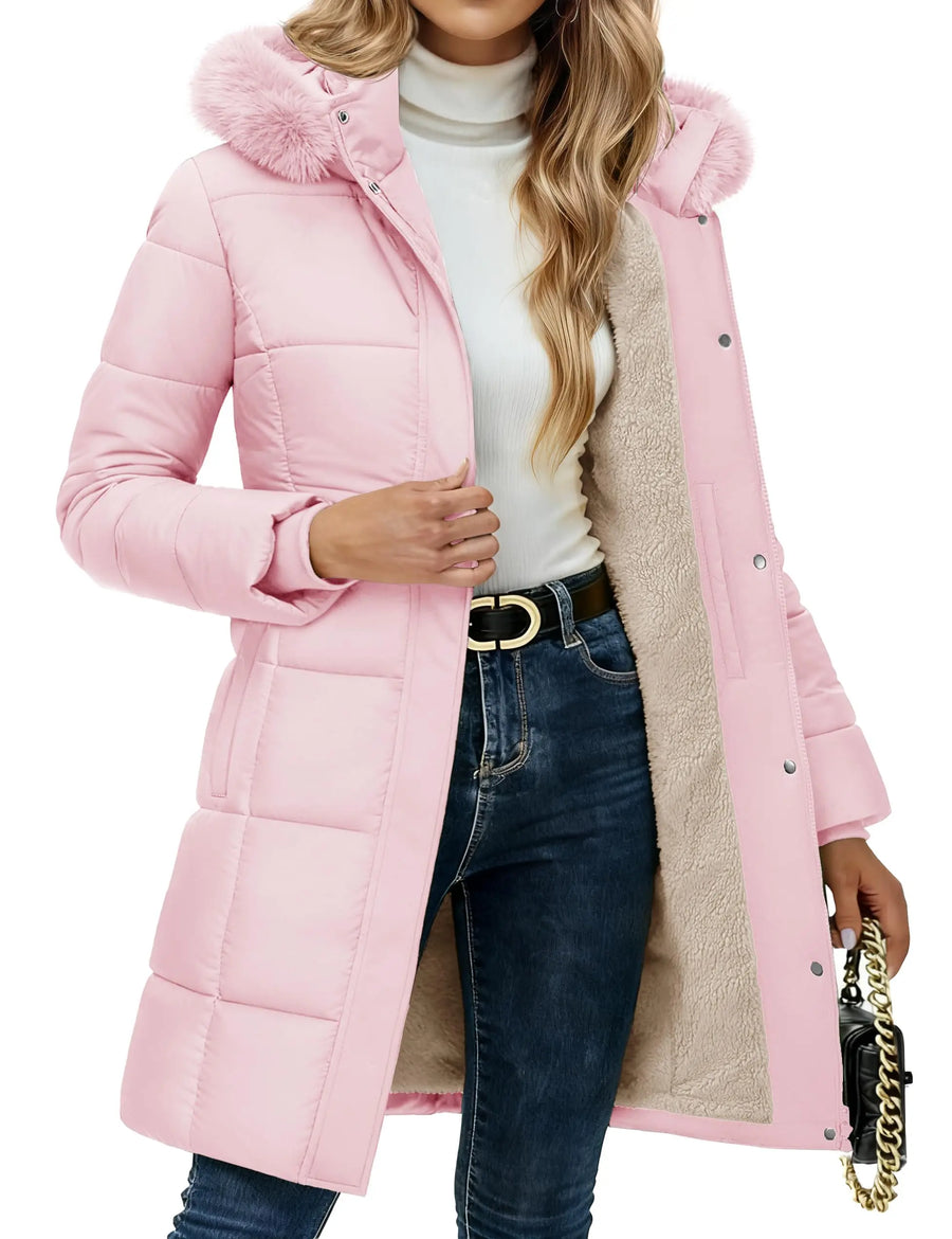 Damen Winter Steppjacke lang gefüttert mit Kapuze und Fellimitat in Weiß