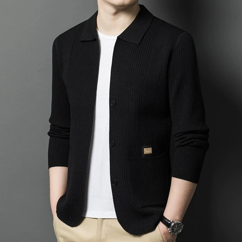 Herenvest met kraag en knoopsluiting, gebreide blazer, jasje met lange mouwen, gebreide pullover