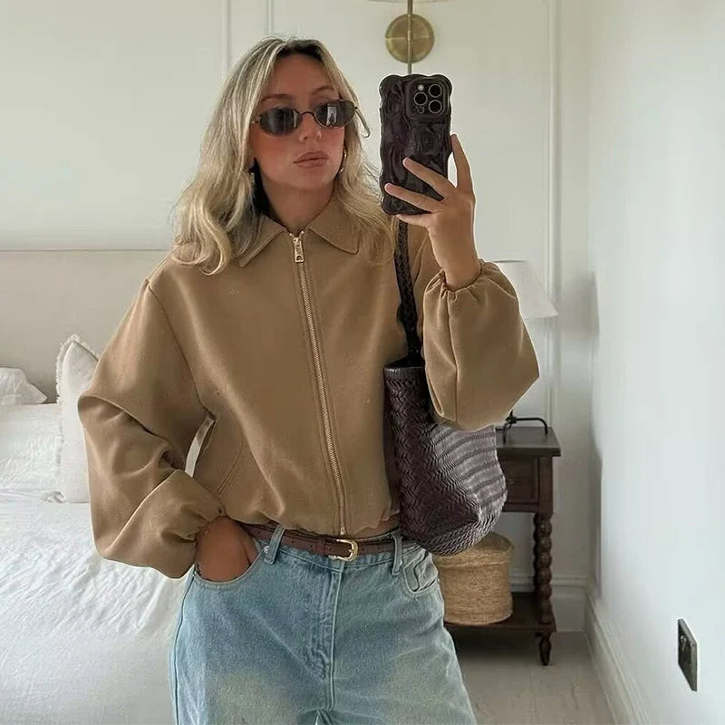 Damen Kurzjacke mit Reißverschluss & Kragen, weite Ärmel, Beige