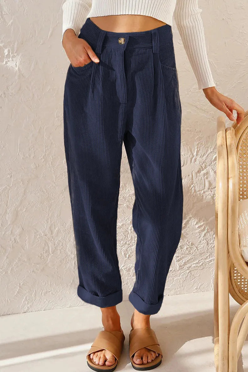 Damen Cordhose mit hoher Taille, weitem Bein und Falten, umgeschlagener Saum, Freizeit-Look