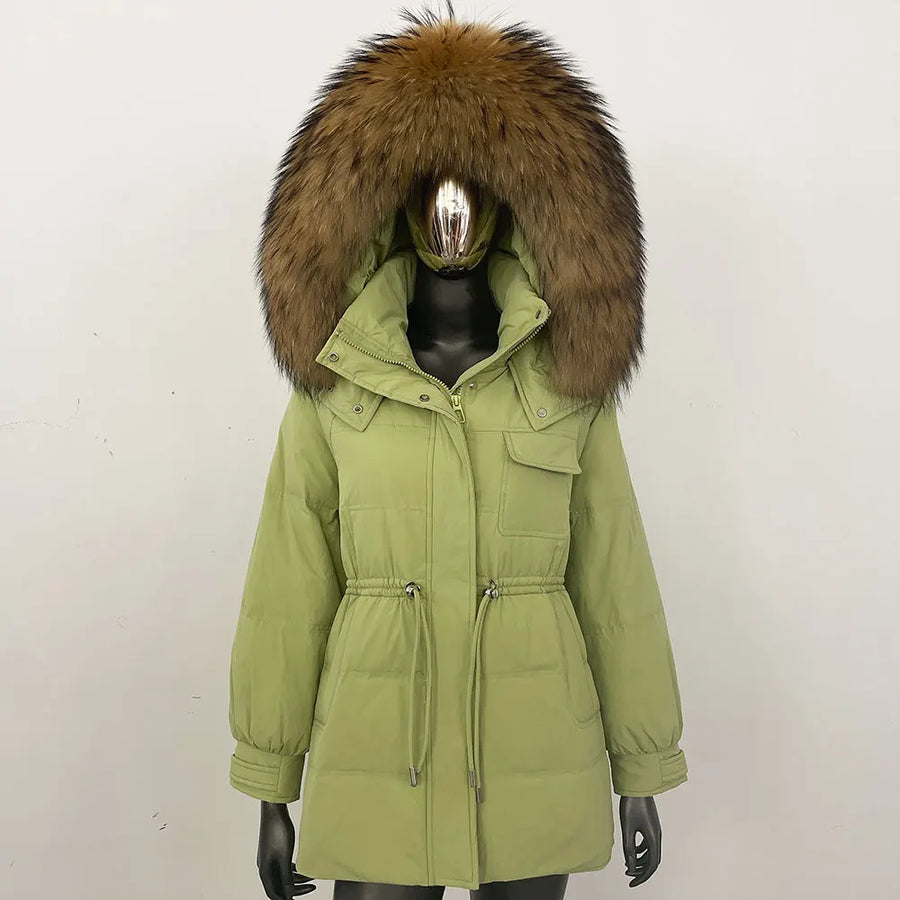 Damen Winterjacke Parka mit Kapuze Kunstfellbesatz Tunnelzug Creme