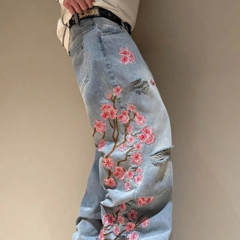 Weite Jeans im Baggy-Stil mit Blumenstickerei für Damen