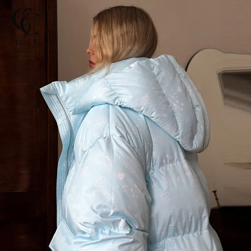 Damen Steppjacke mit Kapuze & Fäustlingen, lockere Passform, gepolstert, mit Reißverschluss & Muster
