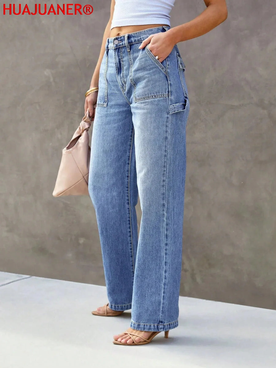 Damen Jeanshose Weites Bein Hoher Bund Hellblau mit Taschen
