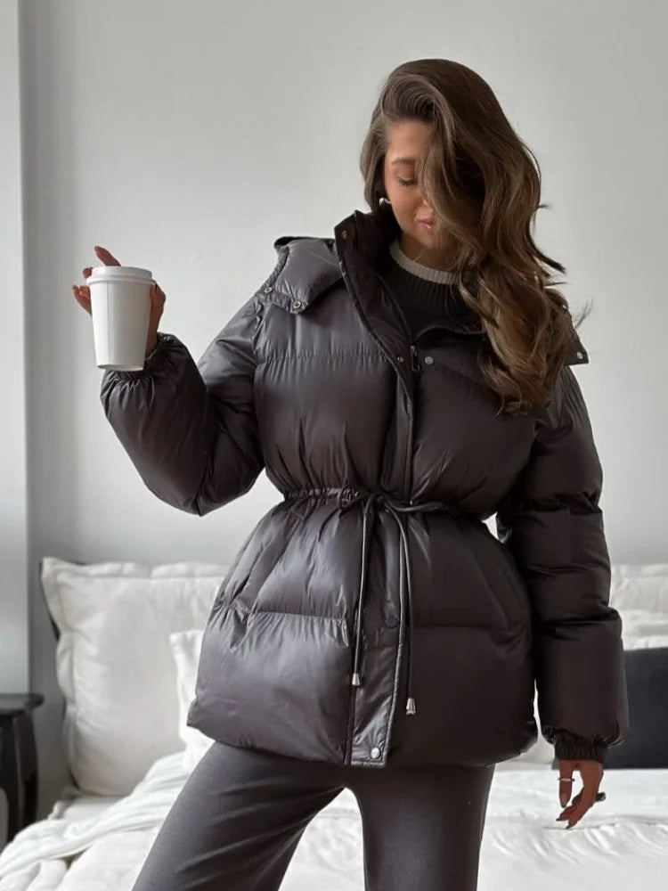 Damen Pufferjacke mit Gürtel Winter Jacke Stehkragen