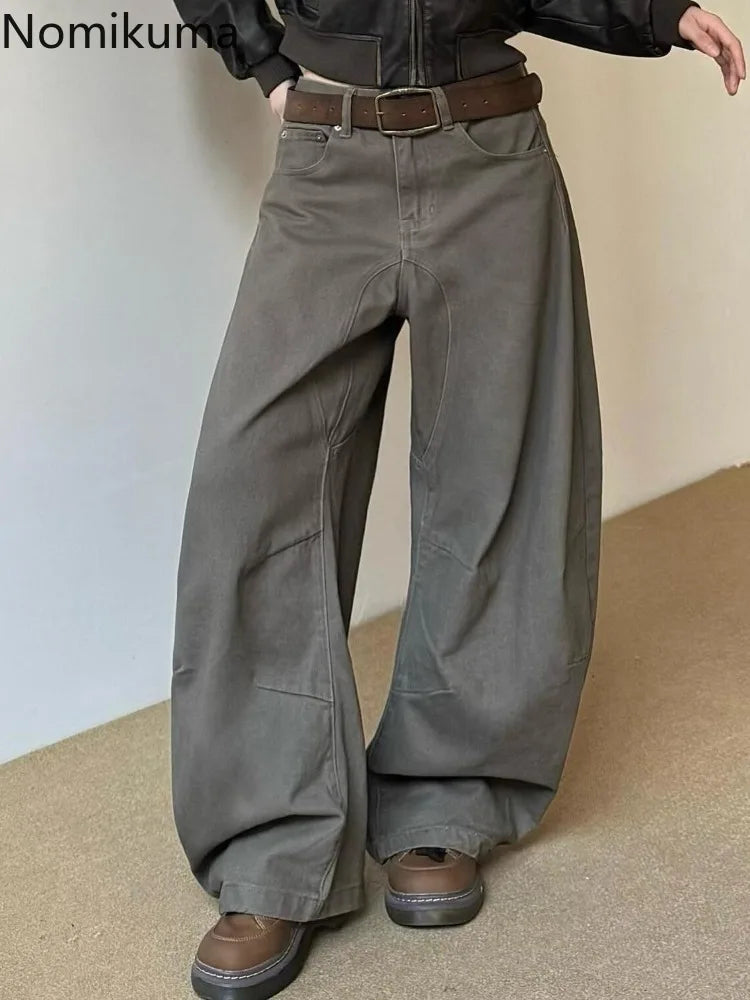 Loose-fit broek met wijde pijpen voor dames, baggy stijl, donkergrijs
