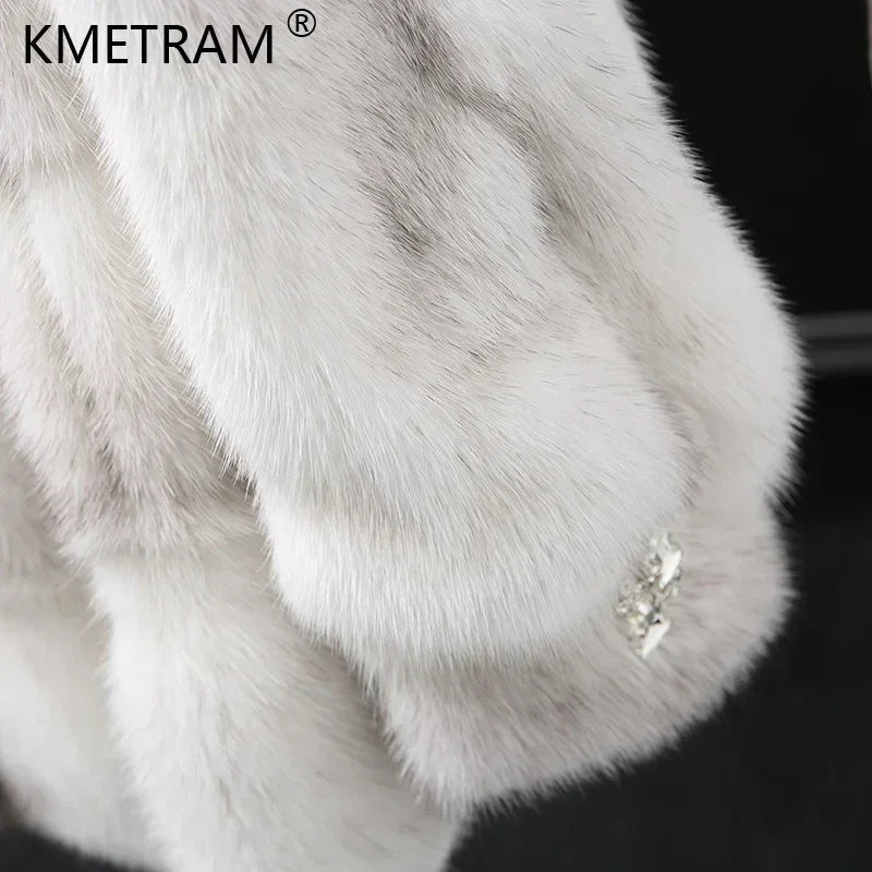 Damen Kurzmantel Kapuze Kunstfell Weiß Beige Gestreift