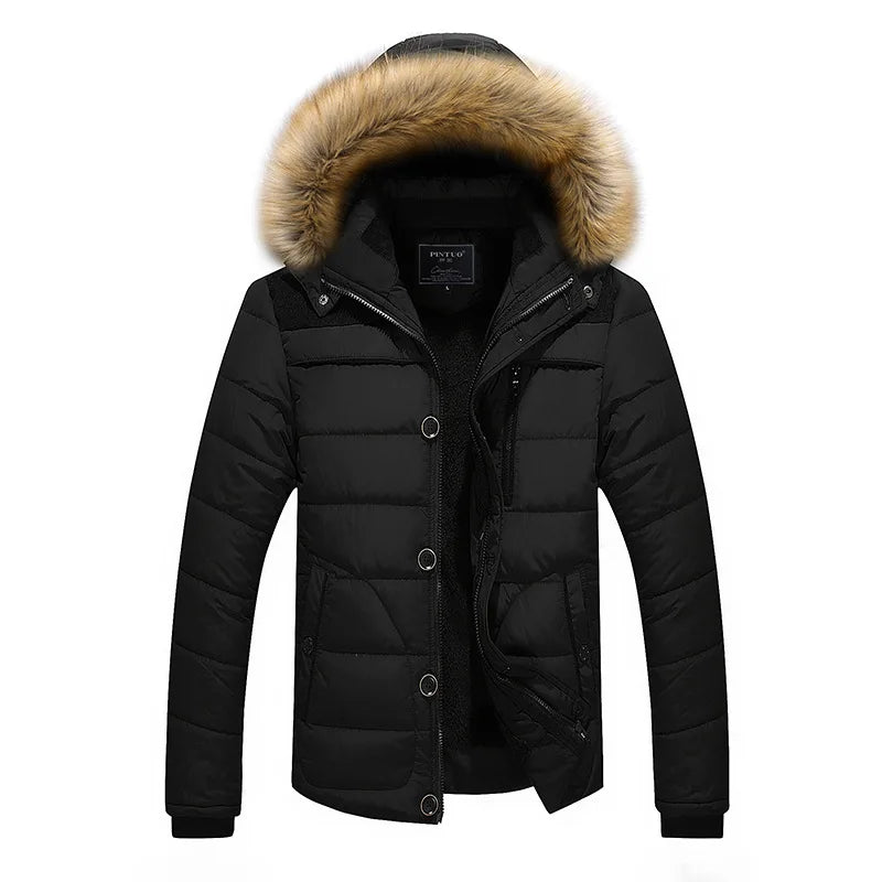 Herren Winterjacke mit Kapuze, Pelzbesatz und Knöpfen – Gefütterte Steppjacke