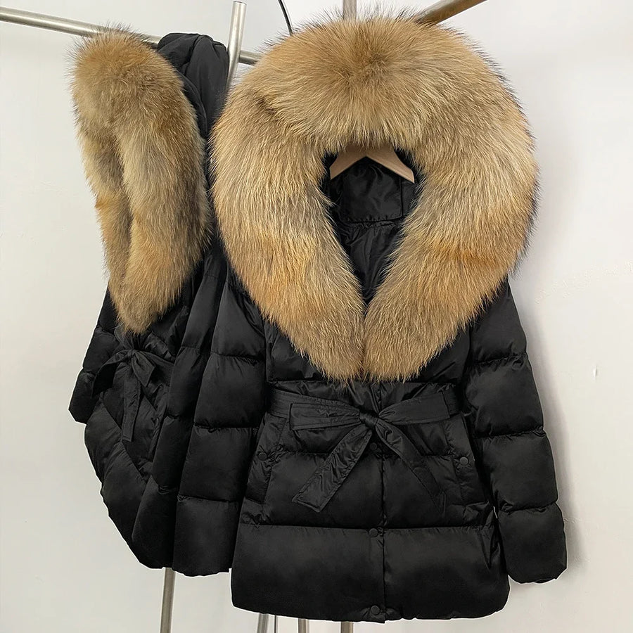 Damen Daunenjacke mit Kunstpelzkragen und Bindegürtel, warme Winterjacke