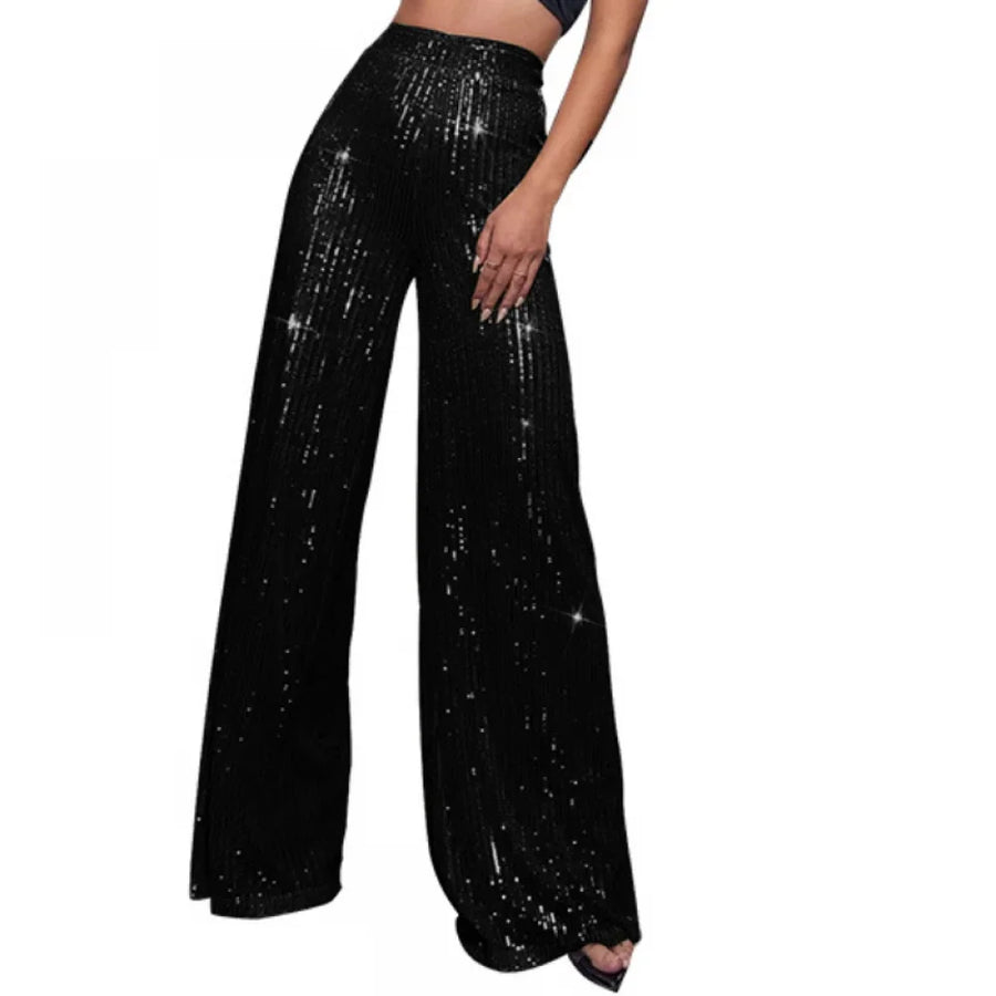 Damen Pailletten Schlaghose Hoher Bund Weites Bein Glitzernde Partyhose
