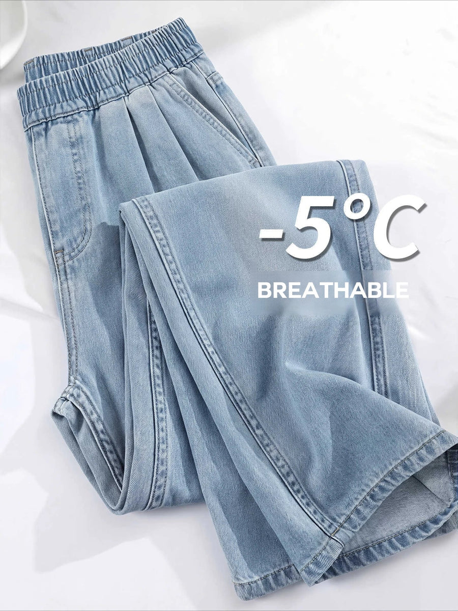 Damen Baggy Hose mit weitem Bein und elastischem Bund - Weit geschnittene Freizeithose in Jeans-Optik