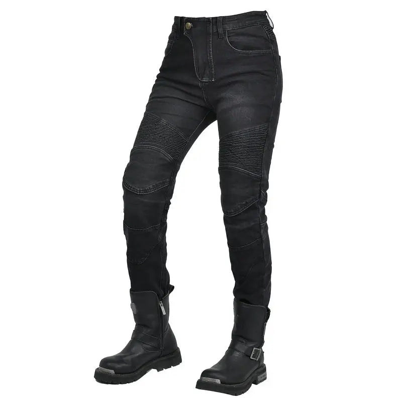 Motorjeans voor dames met protectoren, beschermpads, ribpatroon en slim fit