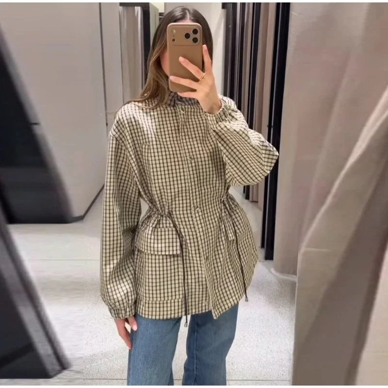 Damen Karierte Jacke mit Kordelzug in der Taille – Khaki-Gittermuster