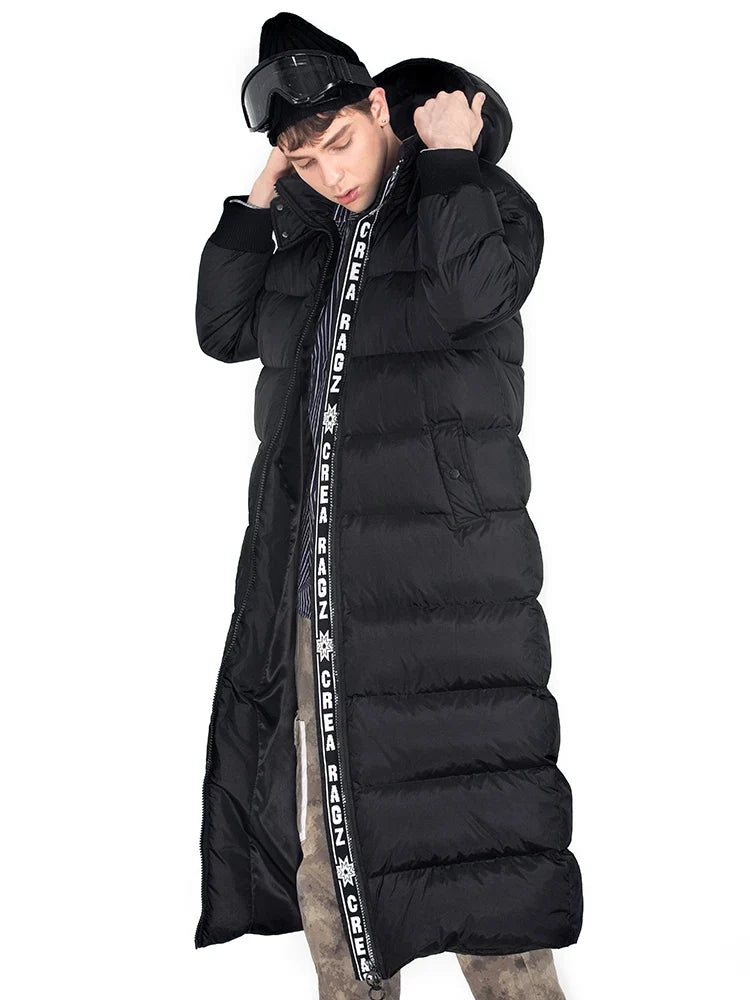 Langer Schwarzer Herren Steppmantel Winter Steppjacke mit Kapuze