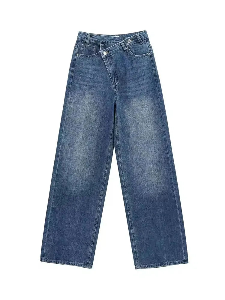 Damen Jeans weites Bein Überlappendes Taillendesign