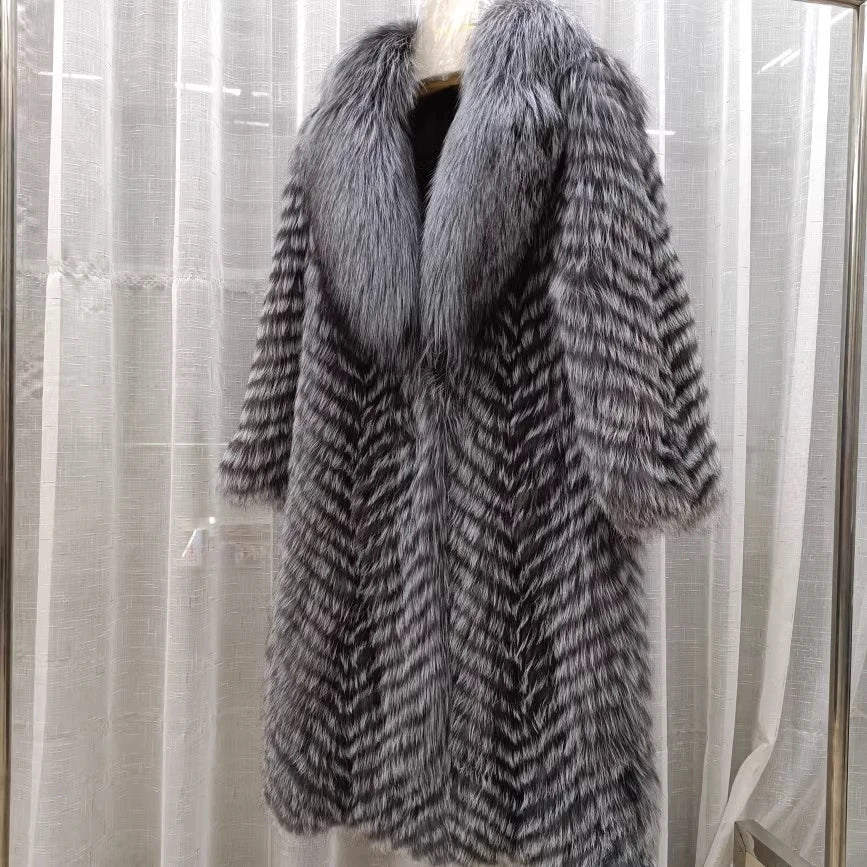 Damen Langer Mantel mit Pelz-Optik im Chevron-Muster