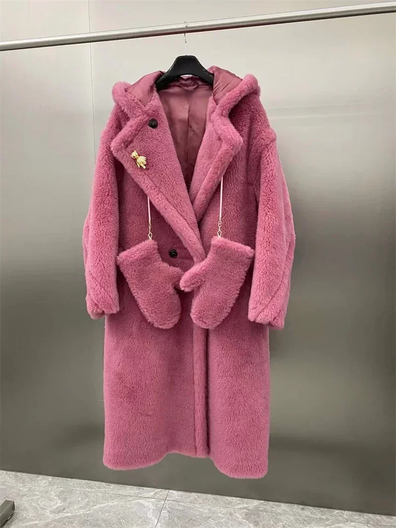 Damen Teddyfell Mantel mit Kapuze und Handschuhen, mittellang, Winter