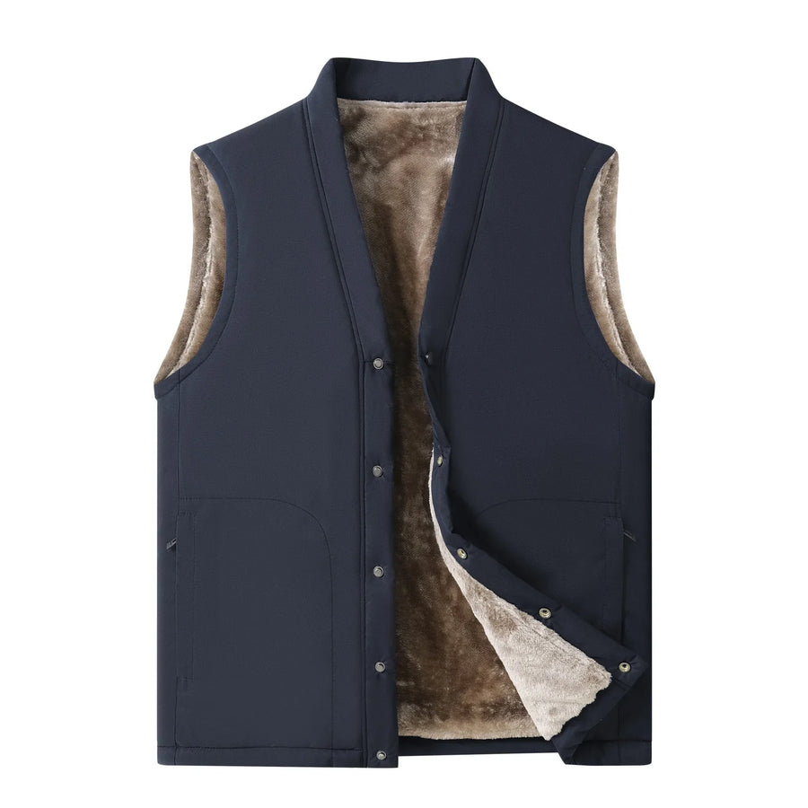 Herenbodywarmer met pluche voering, knoopsluiting en V-hals, olijfgroen