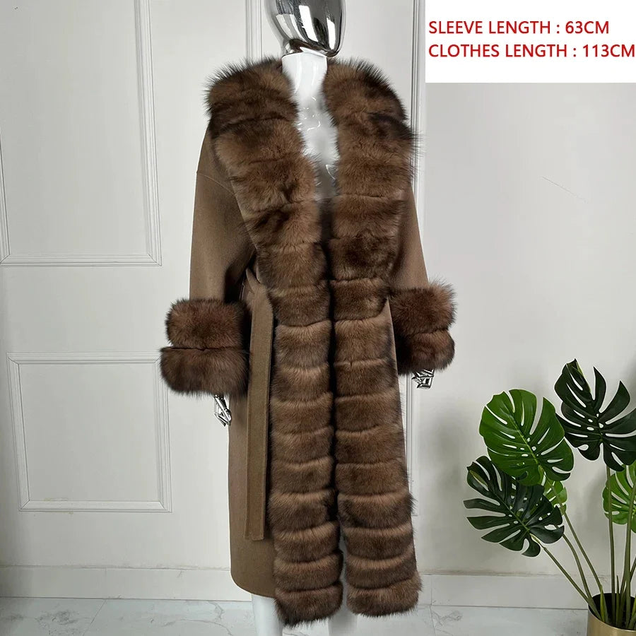Damen Mantel Lang Braun mit Fellkragen und Pelzbesatz an Ärmeln