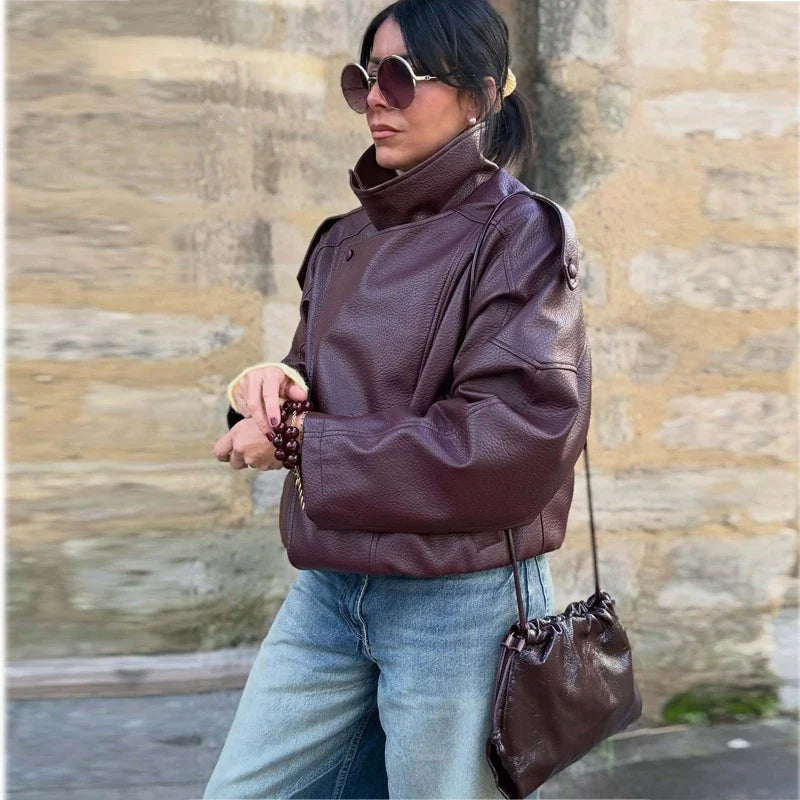 Damen Jacke im Biker-Stil mit Stehkragen und asymmetrischem Reißverschluss