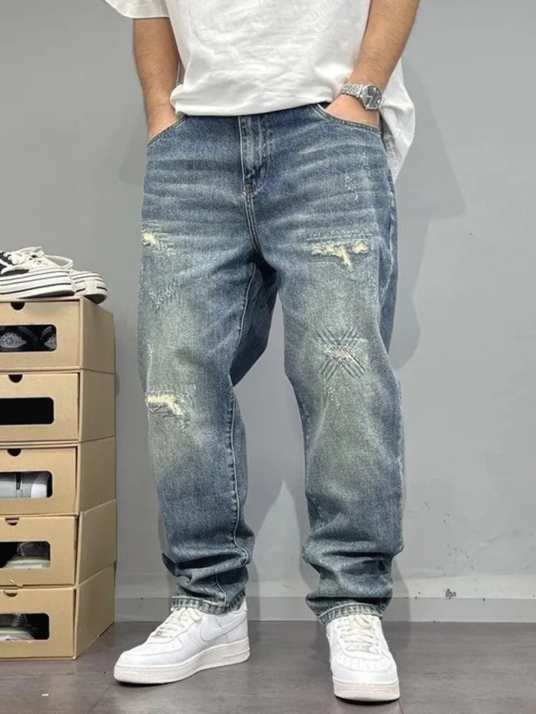 Herenjeans loose fit blauw in used look met wijde pijpen en distressed-effect
