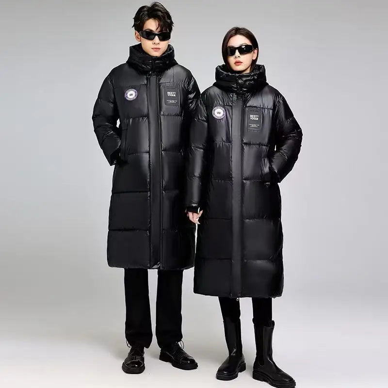 Unisex Langer Steppmantel Schwarz mit Kapuze Glänzende Optik