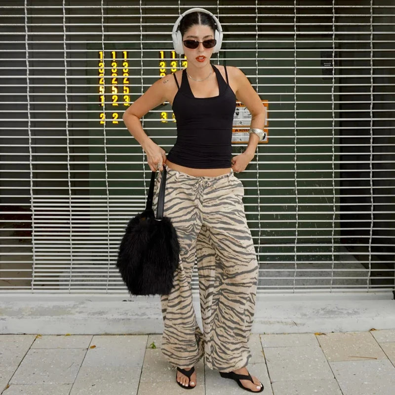 Damen Cargohose mit Animal-Print Weites Bein Beige Schwarz