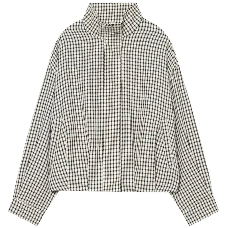 Damen Kariertes Hemd Kragen Langarm Locker Oversized Bluse