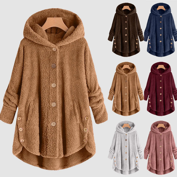 Teddyfleece-jas voor dames met capuchon en knopen