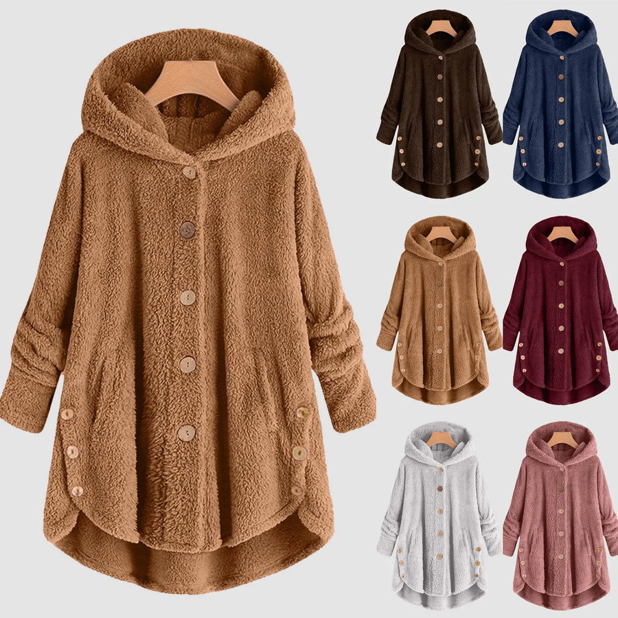 Damen Teddy-Fleece Jacke mit Kapuze und Knöpfen