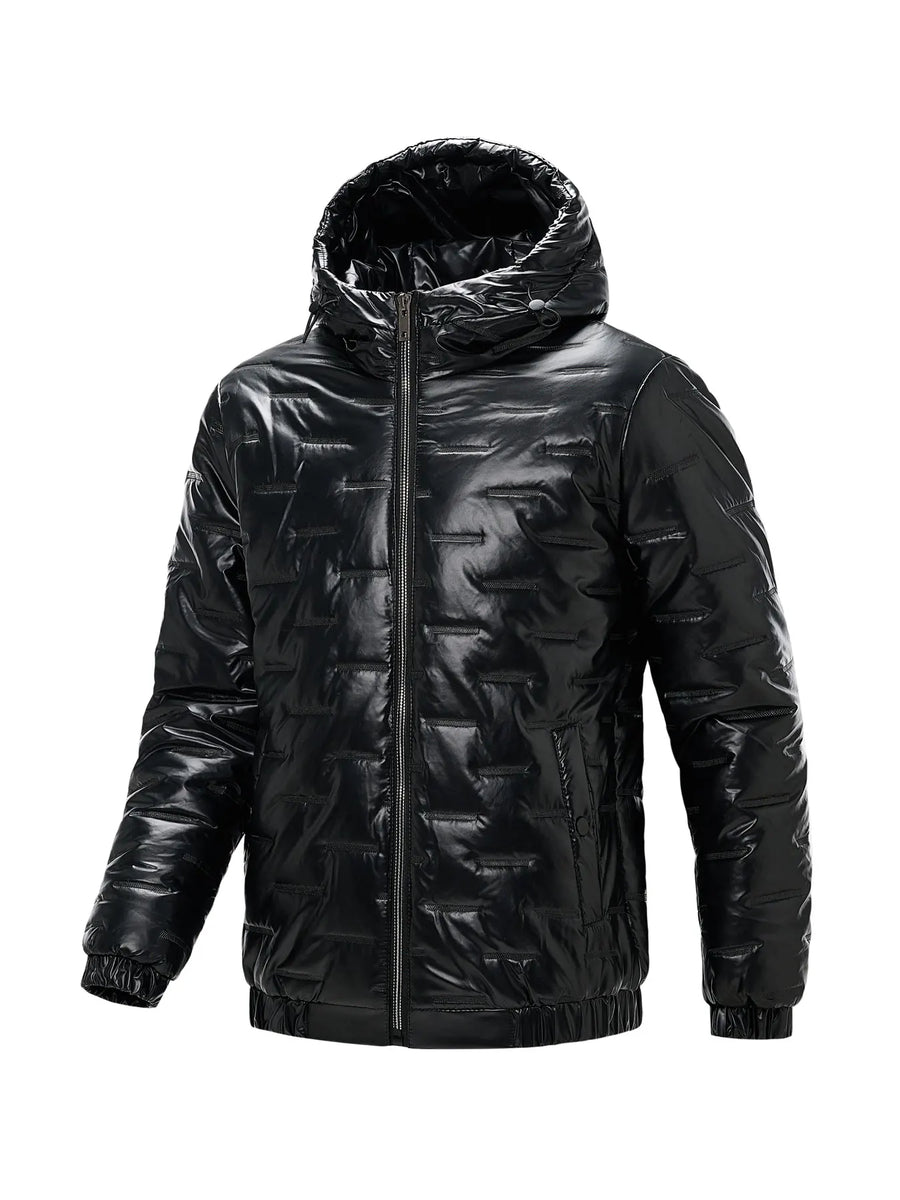 Glänzende Schwarze Steppjacke mit Kapuze