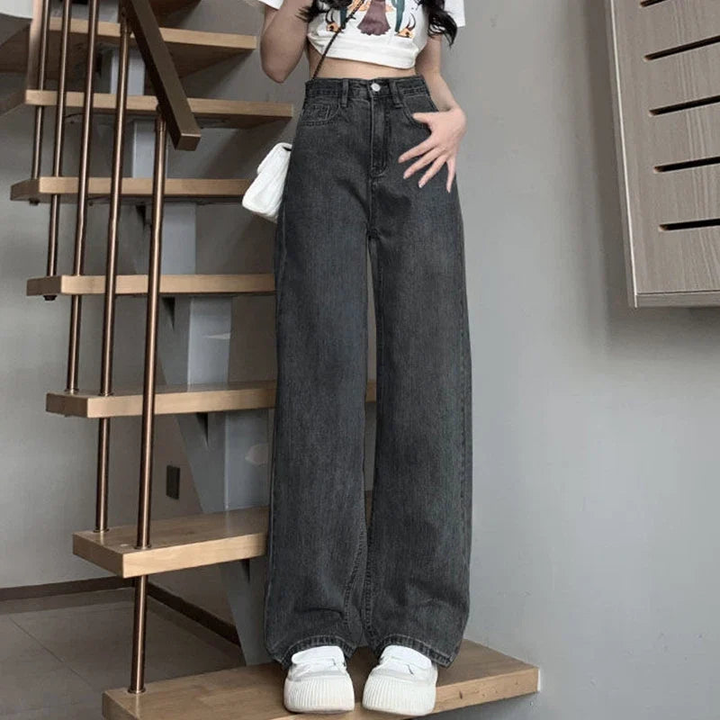 Damen Jeans Wide Leg High Waist Lange Freizeithose