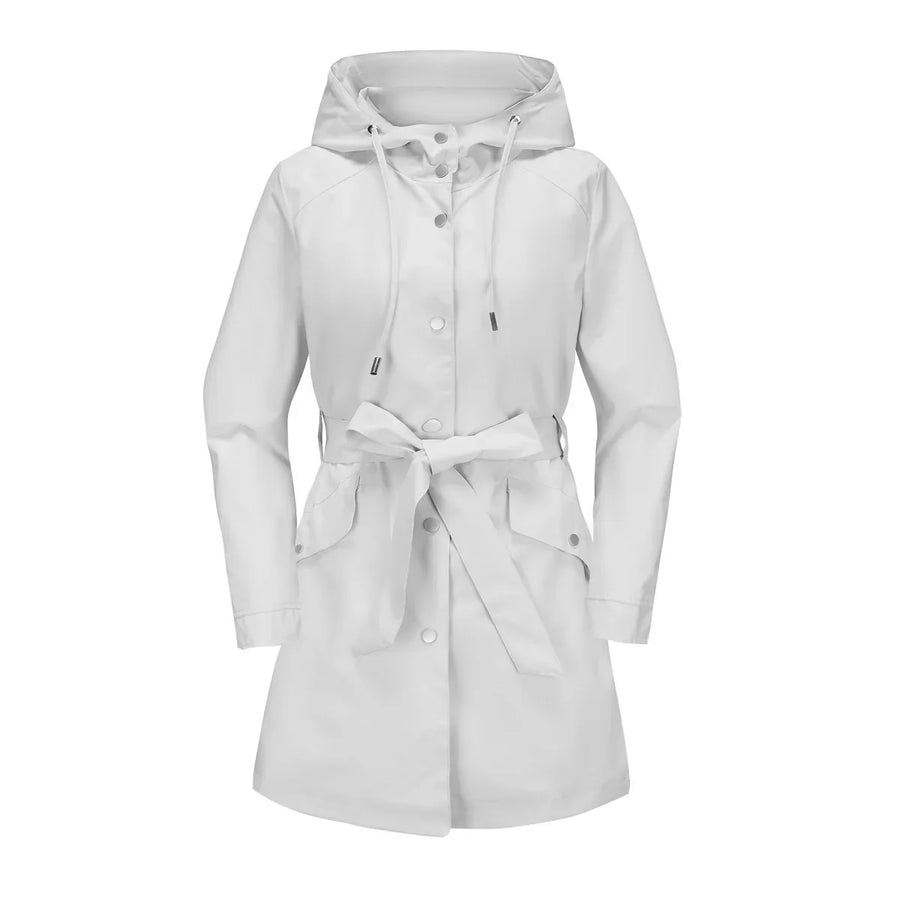 Damen Regenjacke mit Kapuze und Bindegürtel, Beige