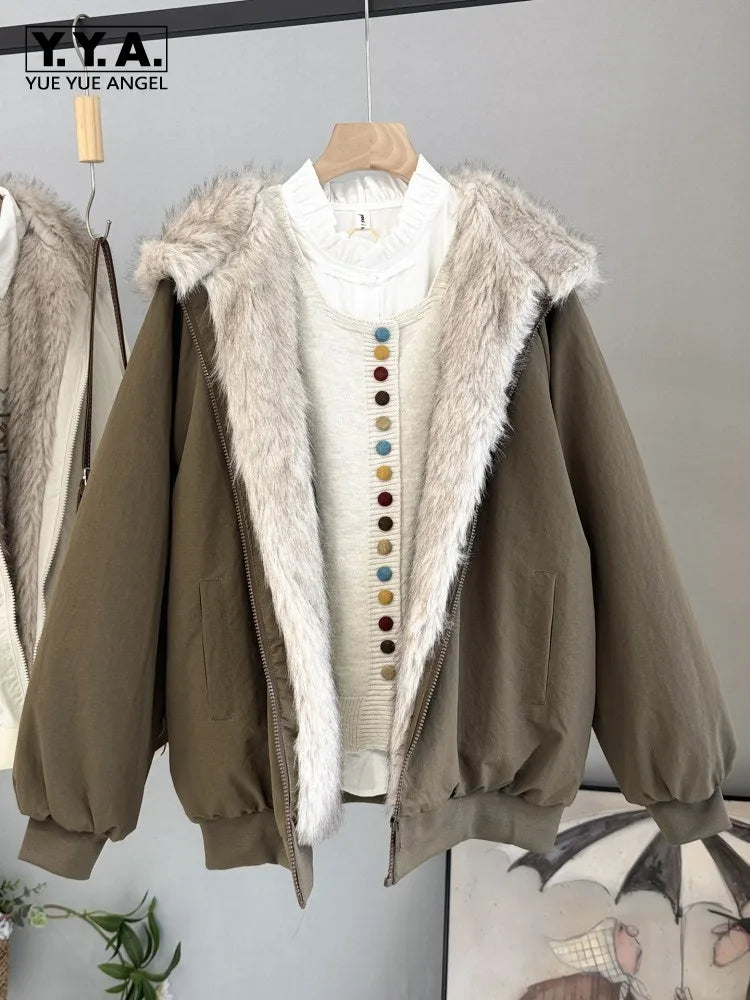 Damen Jacke mit Kunstfellkapuze Bomberstil Reißverschluss