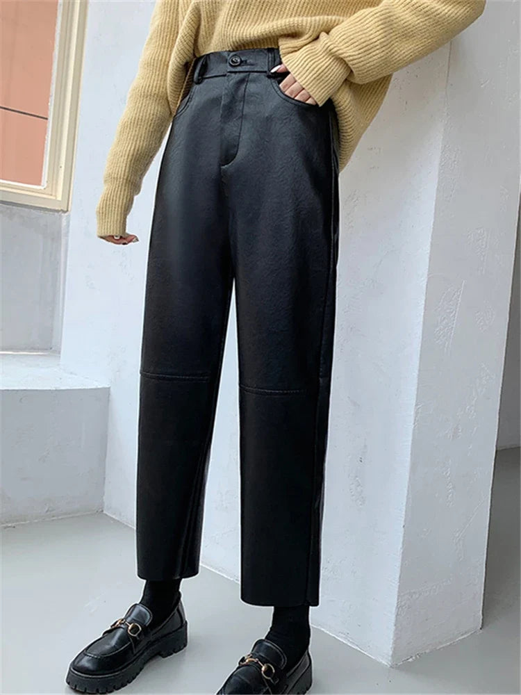 Damen Hose im Leder-Look Weites Bein Schwarz Burgund
