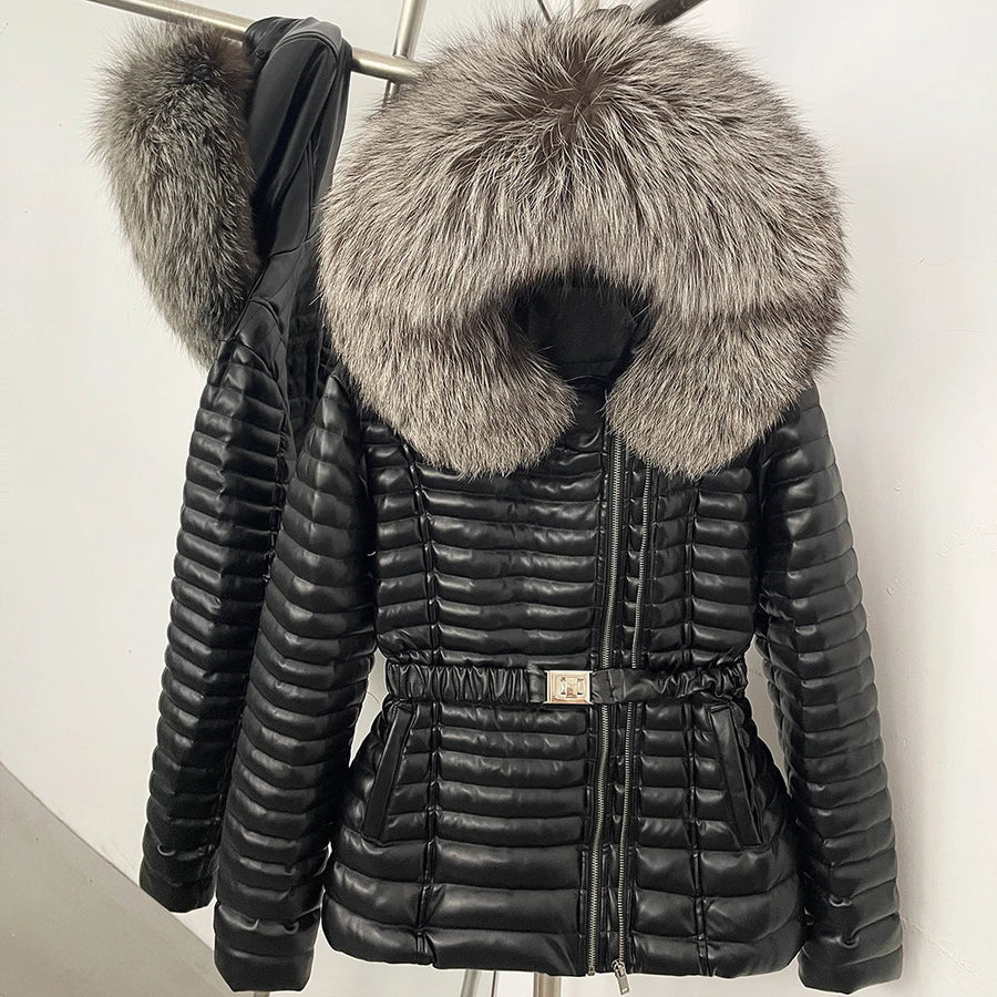 Damen Steppjacke Schwarz mit Pelzbesatz Kapuze Gürtel