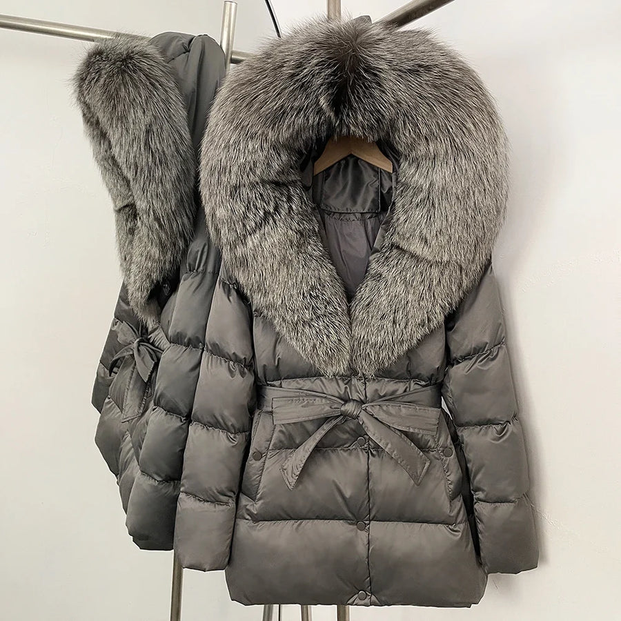 Damen Daunenjacke mit Kunstpelzkragen und Bindegürtel, warme Winterjacke