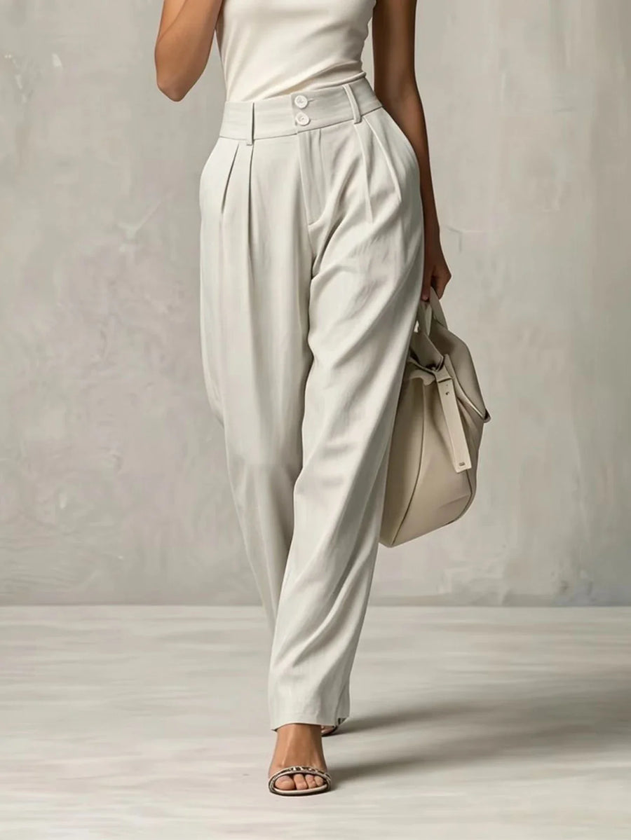Damen Stoffhose Beige Plissee Weites Bein Hoher Bund