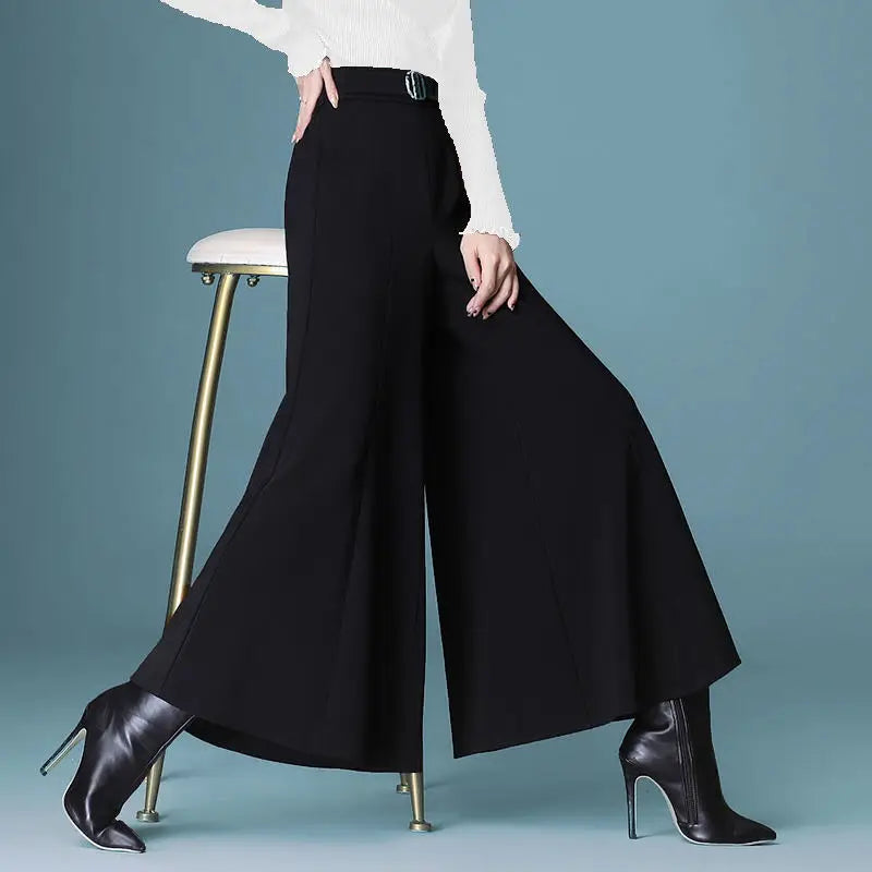 Damen Palazzo Hose Schwarz Weites Bein Hoher Bund