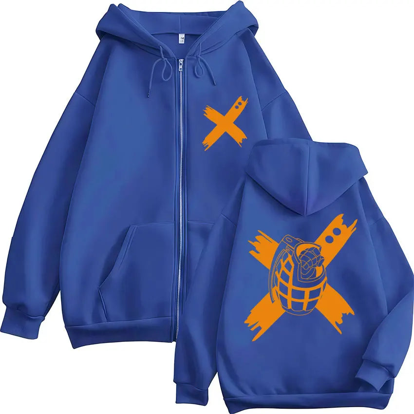 Unisex Reißverschluss Hoodie mit Kapuze & Druckmotiv, lässig