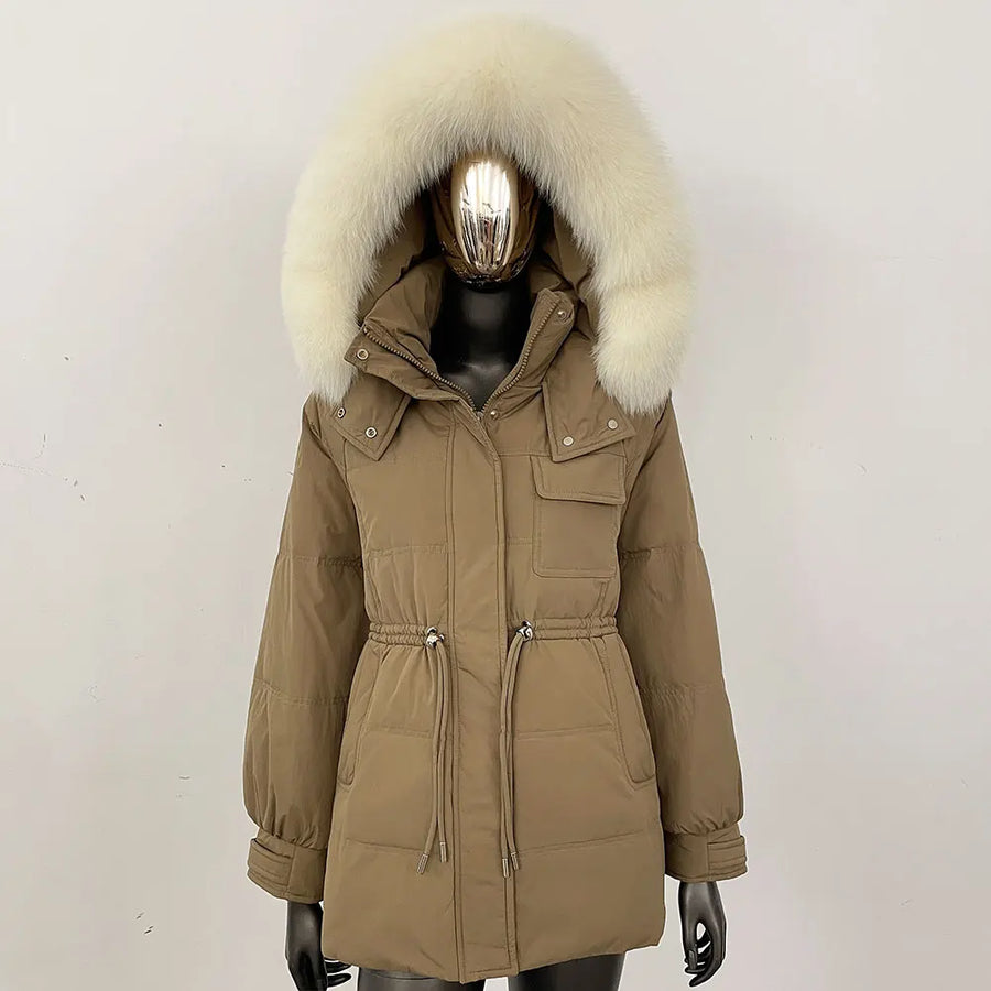 Damen Winterjacke Parka mit Kapuze Kunstfellbesatz Tunnelzug Creme